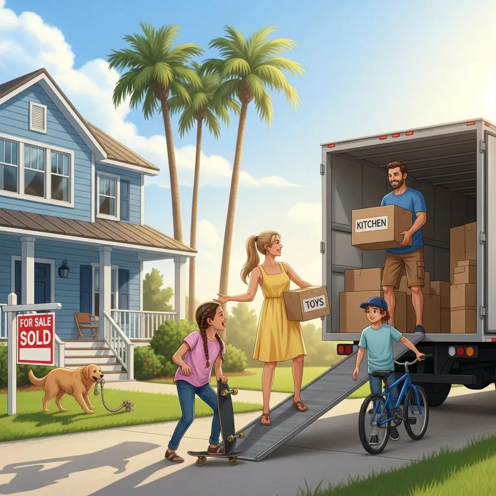 Family packing for a move from Connecticut to Florida, unloading boxes labeled 'Kitchen' and 'Toys' from a moving truck in a sunny neighborhood with palm trees and a 'For Sale' sign.