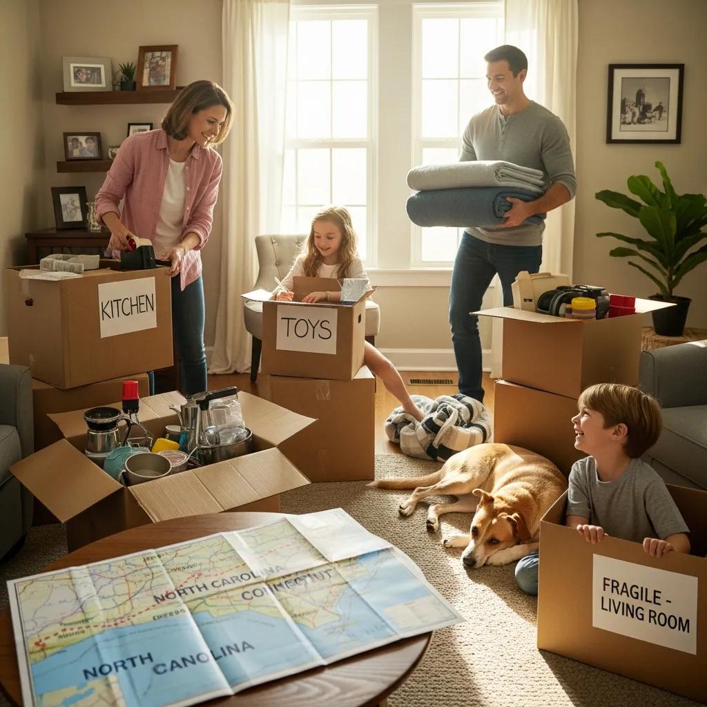 Family packing boxes labeled "Kitchen," "Toys," and "Fragile - Living Room" for a move from Connecticut to North Carolina, with a map of both states on a table, highlighting the excitement and organization of relocating.