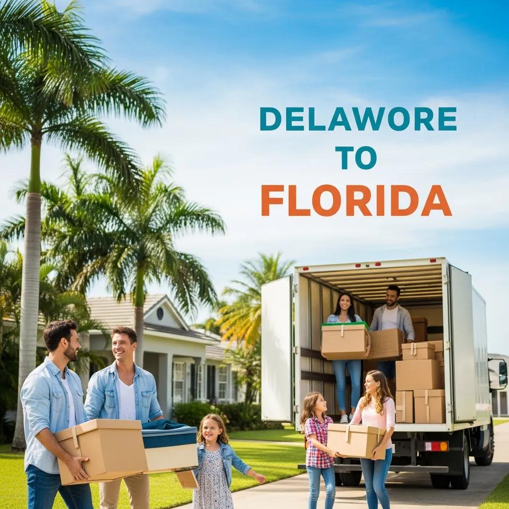 Family packing for a move from Delaware to Florida with palm trees in the background