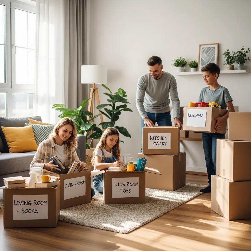 Family packing for a move from New York to Florida in a cozy living room