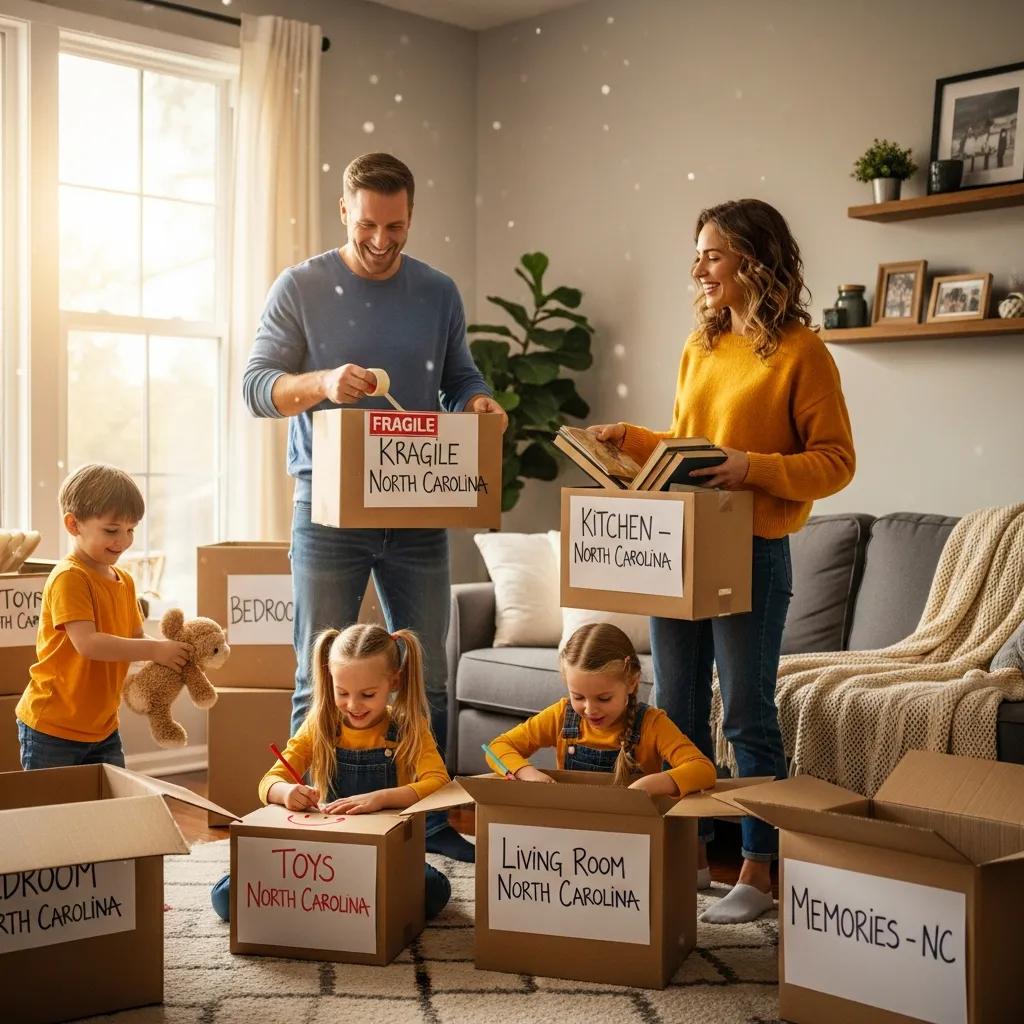 Family packing for a move from New York to North Carolina, showcasing excitement and preparation