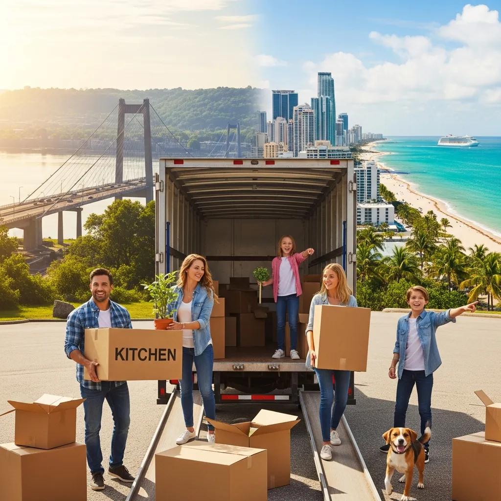 Family packing for a move from Poughkeepsie to Miami, showcasing excitement and anticipation
