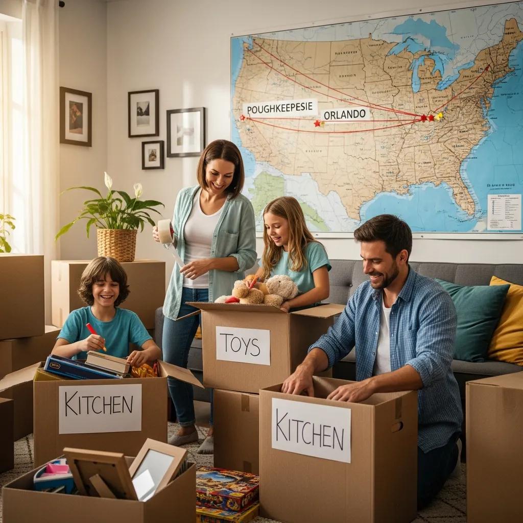 Family packing moving boxes labeled "Kitchen" and "Toys," with a map showing the route from Poughkeepsie to Orlando in the background, symbolizing the excitement of relocating.