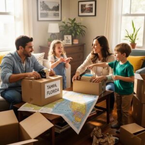 Family packing for a move to Tampa, showcasing excitement and preparation for relocation