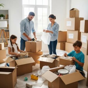 Family preparing for a move with boxes and packing materials, emphasizing organization and teamwork