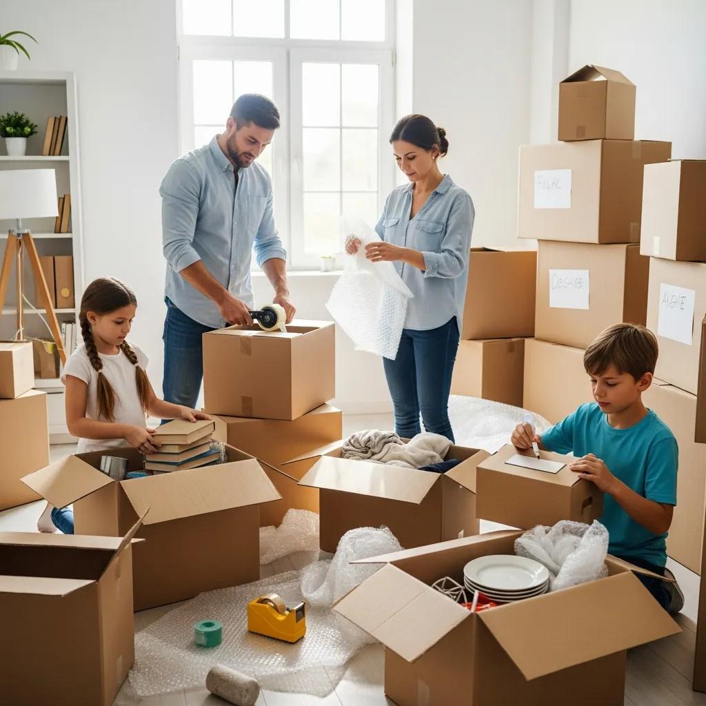 Family preparing for a move with boxes and packing materials, emphasizing organization and teamwork