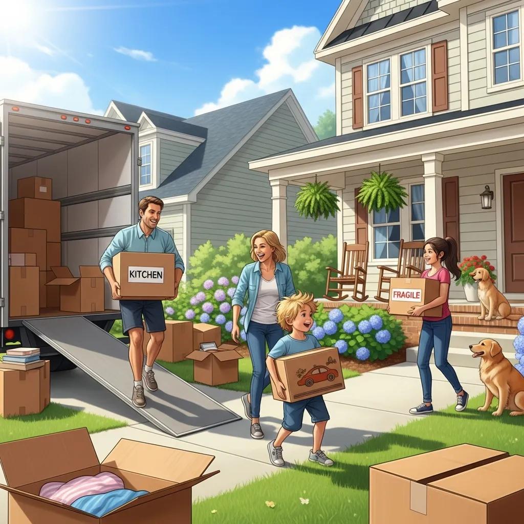 Family unloading moving boxes on a sunny day at their new Georgia home, with labels "KITCHEN" and "FRAGILE," amidst unpacked boxes and a welcoming porch.