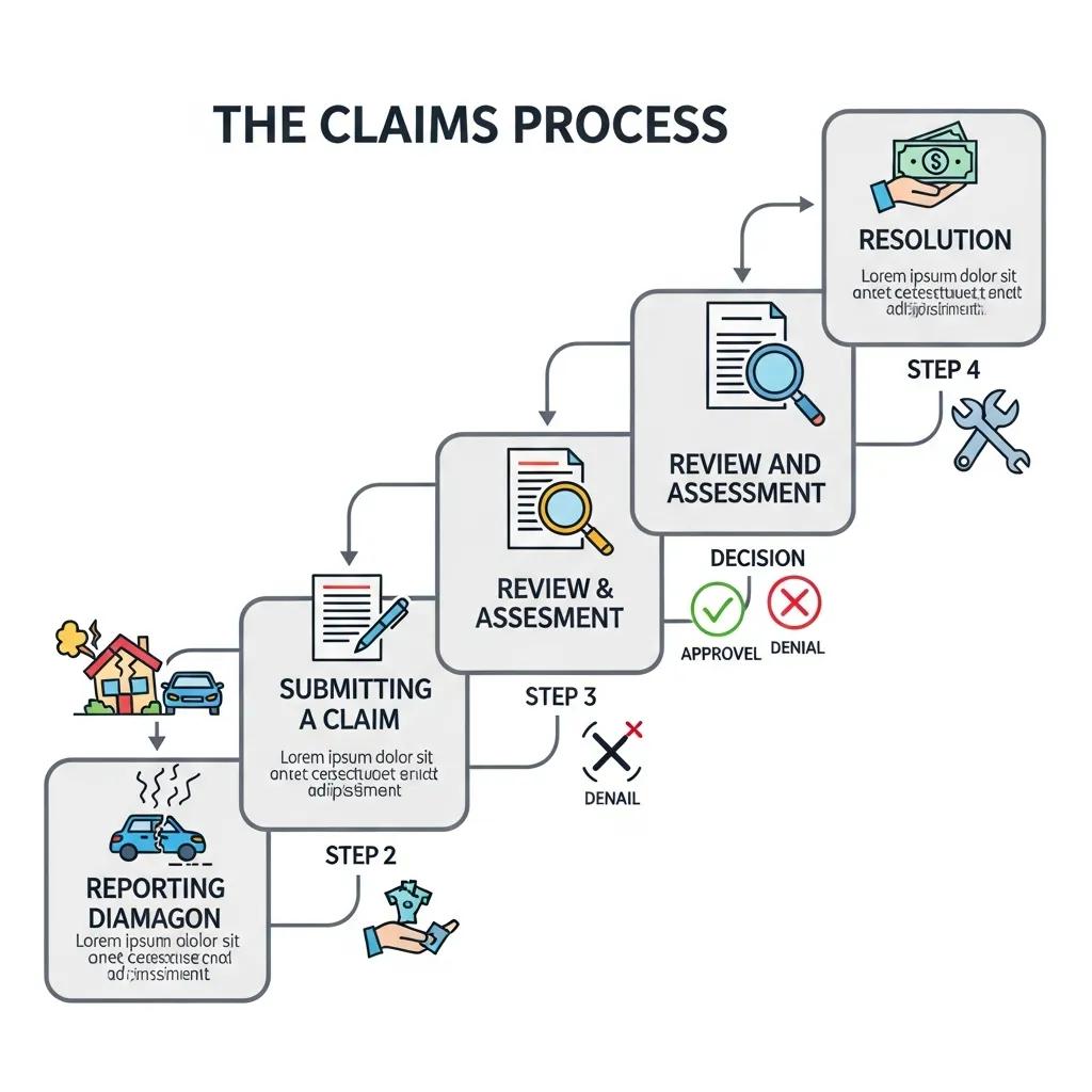 Flowchart of the damage claims process with icons for each step, illustrating transparency and efficiency in handling claims
