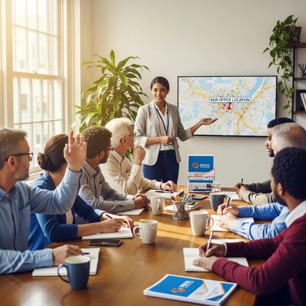 HR representative conducting an employee orientation session for corporate relocation