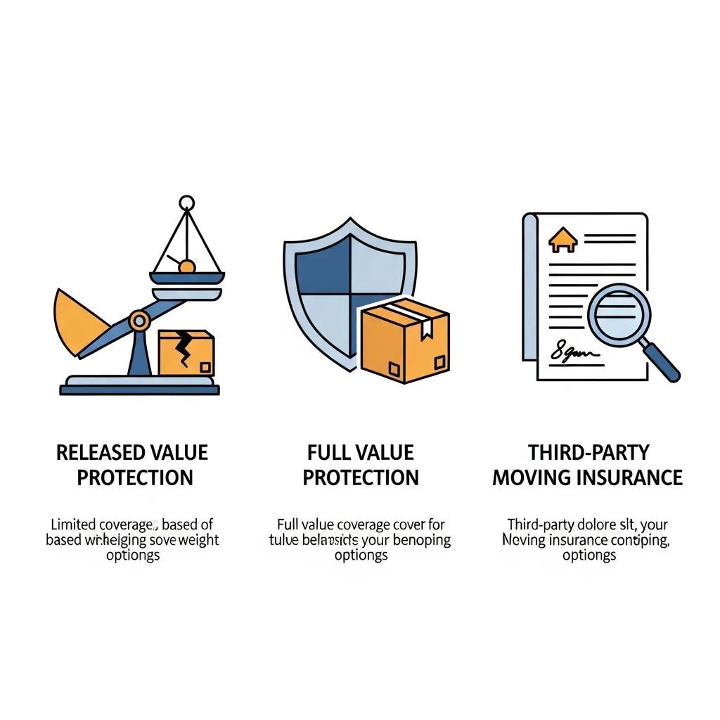 Illustration of three types of moving insurance coverage: Released Value, Full Value, and Third-Party Insurance
