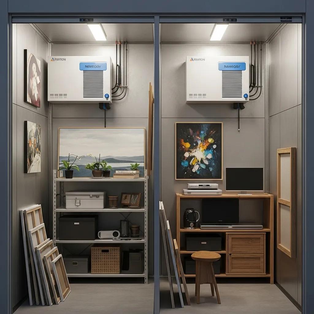 Interior of a climate-controlled storage unit featuring HVAC systems, shelves with sensitive items like artwork and electronics, and organized storage solutions for preserving delicate materials during moves.