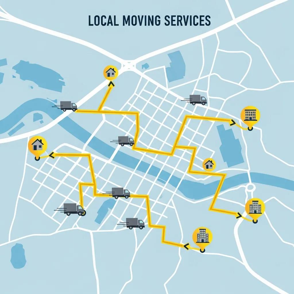 Map illustrating short-distance moving routes with homes and a moving truck