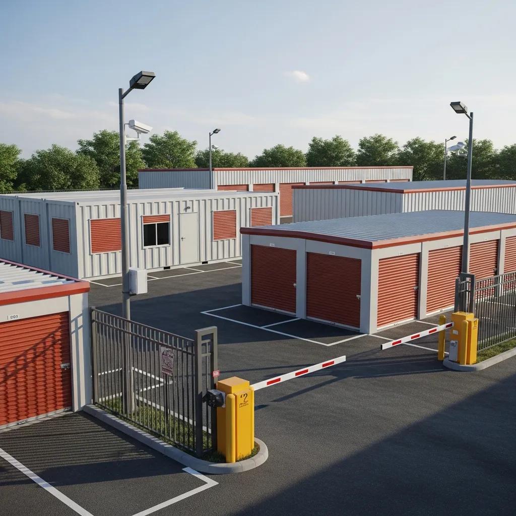Modern secure storage facility featuring various storage units and portable containers, emphasizing flexibility and security for moving needs.