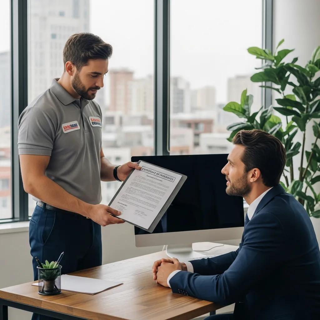 Mover presenting licensing and insurance credentials to a business client in a modern office setting, emphasizing professional moving services and accountability in Los Angeles.