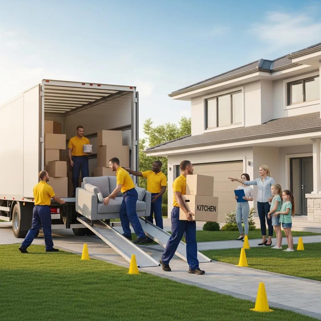 Movers loading a truck on moving day with a family overseeing the organized process