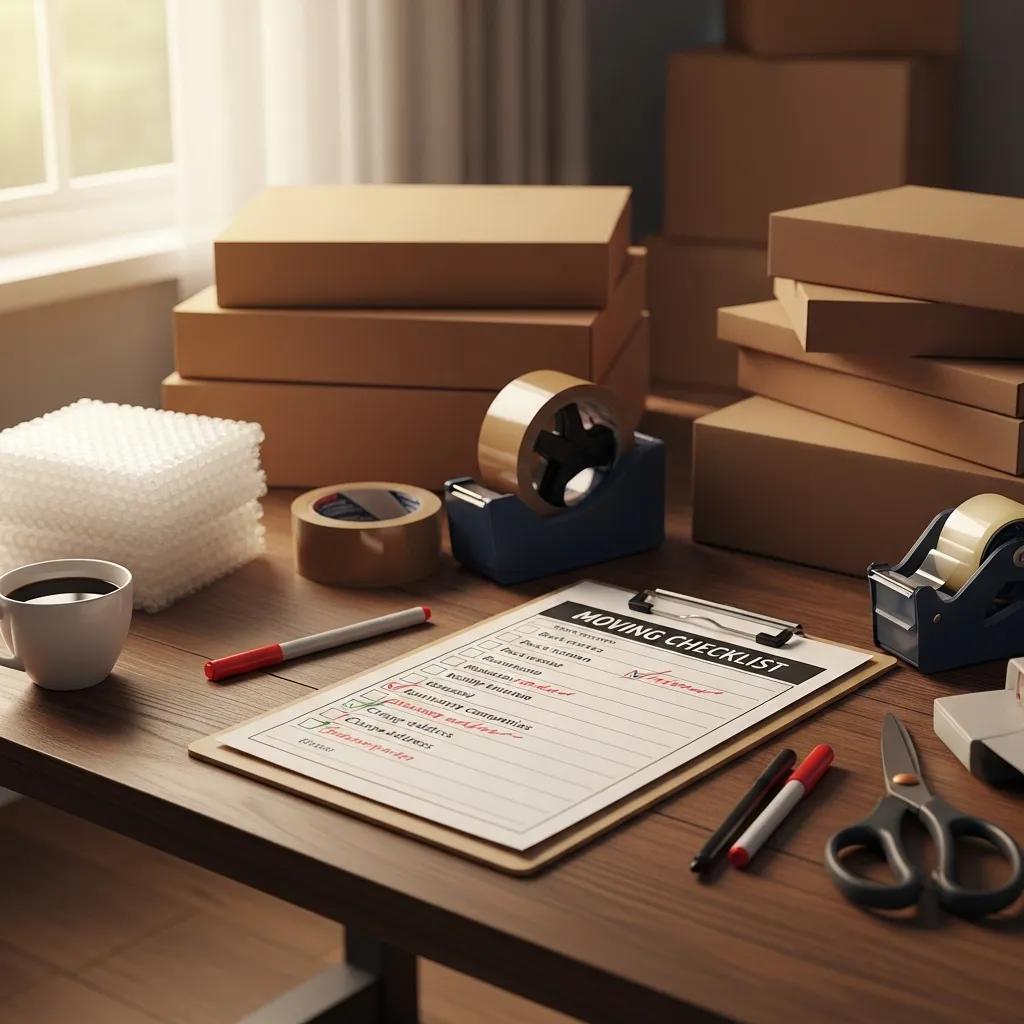 Moving checklist on a clipboard with packing supplies, including boxes, tape dispensers, bubble wrap, and a coffee cup, emphasizing organization for relocation.