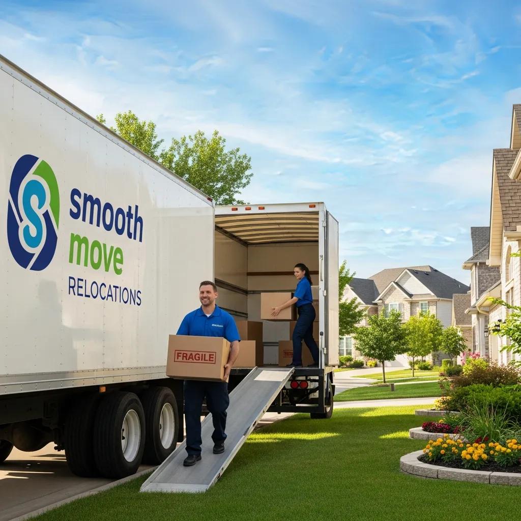 Movers loading boxes labeled "FRAGILE" onto a moving truck, illustrating interstate moving services for relocations.