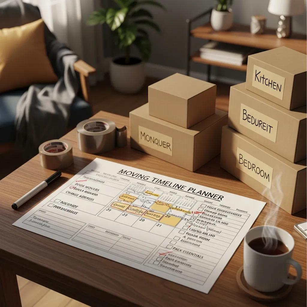 Moving timeline planner on a desk with packing supplies, labeled boxes for "Kitchen," "Bedroom," and "Monquer," along with tape and a coffee cup, illustrating organization for a stress-free relocation.