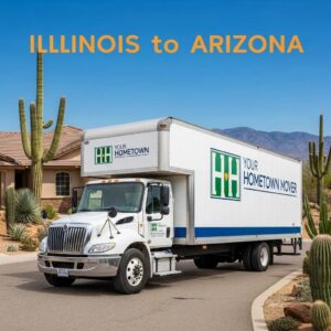 Moving truck from Your Hometown Mover in front of a house, representing relocation from Illinois to Arizona