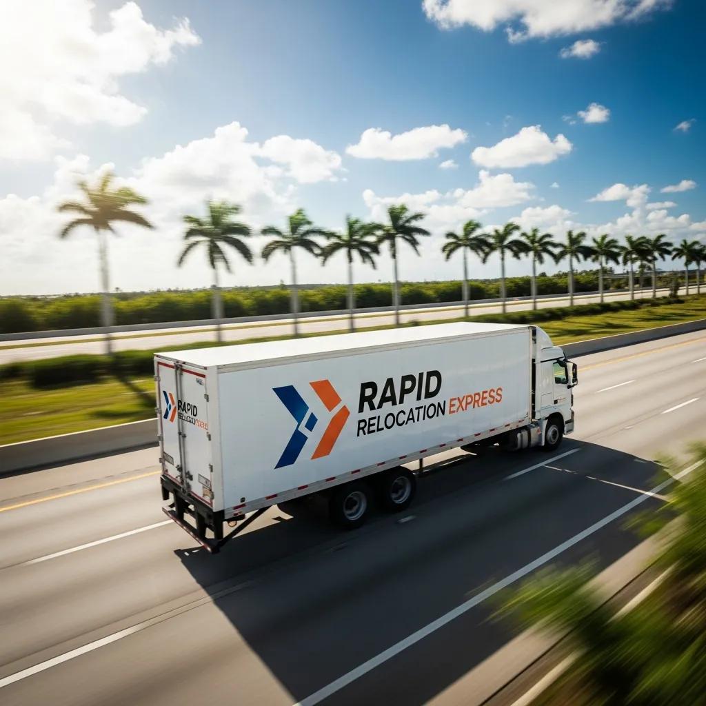 Moving truck labeled "Rapid Relocation Express" driving on highway with palm trees, symbolizing expedited moving services from Massachusetts to Florida.
