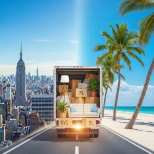 Moving truck transitioning from New York City to Florida beach scene