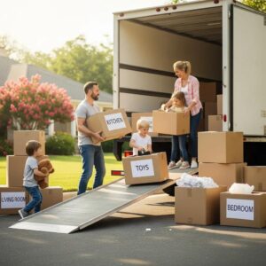 Moving truck with a family packing belongings, emphasizing care and responsibility in the moving process