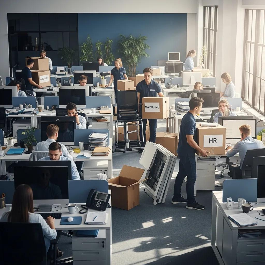 Office workers packing and moving boxes labeled "MARKETING" and "HR" during a commercial relocation, with desks and computers in an active office environment, illustrating efficient operations and minimizing downtime.