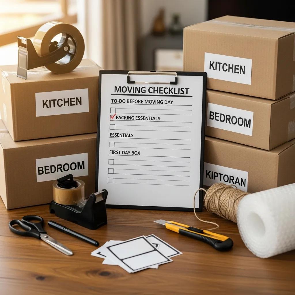 Moving checklist with packing supplies, labeled boxes for kitchen and bedroom, tape, scissors, and a marker, emphasizing organization for relocation from Poughkeepsie to Tampa.