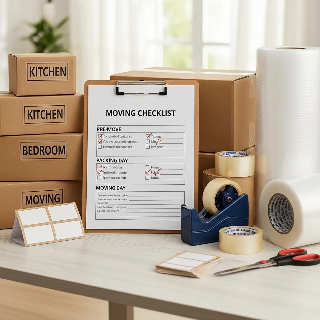 Organized moving checklist on clipboard with packing supplies, including labeled boxes for kitchen and bedroom, tape dispenser, and packing materials, emphasizing preparation for relocation.