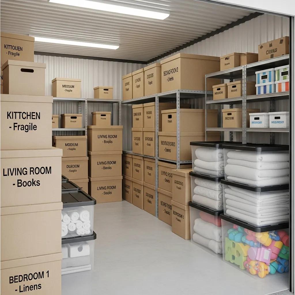 Organized storage unit filled with labeled boxes for kitchen, living room, and bedroom items, showcasing packing and storage solutions for long-distance moves from Illinois to Arizona.