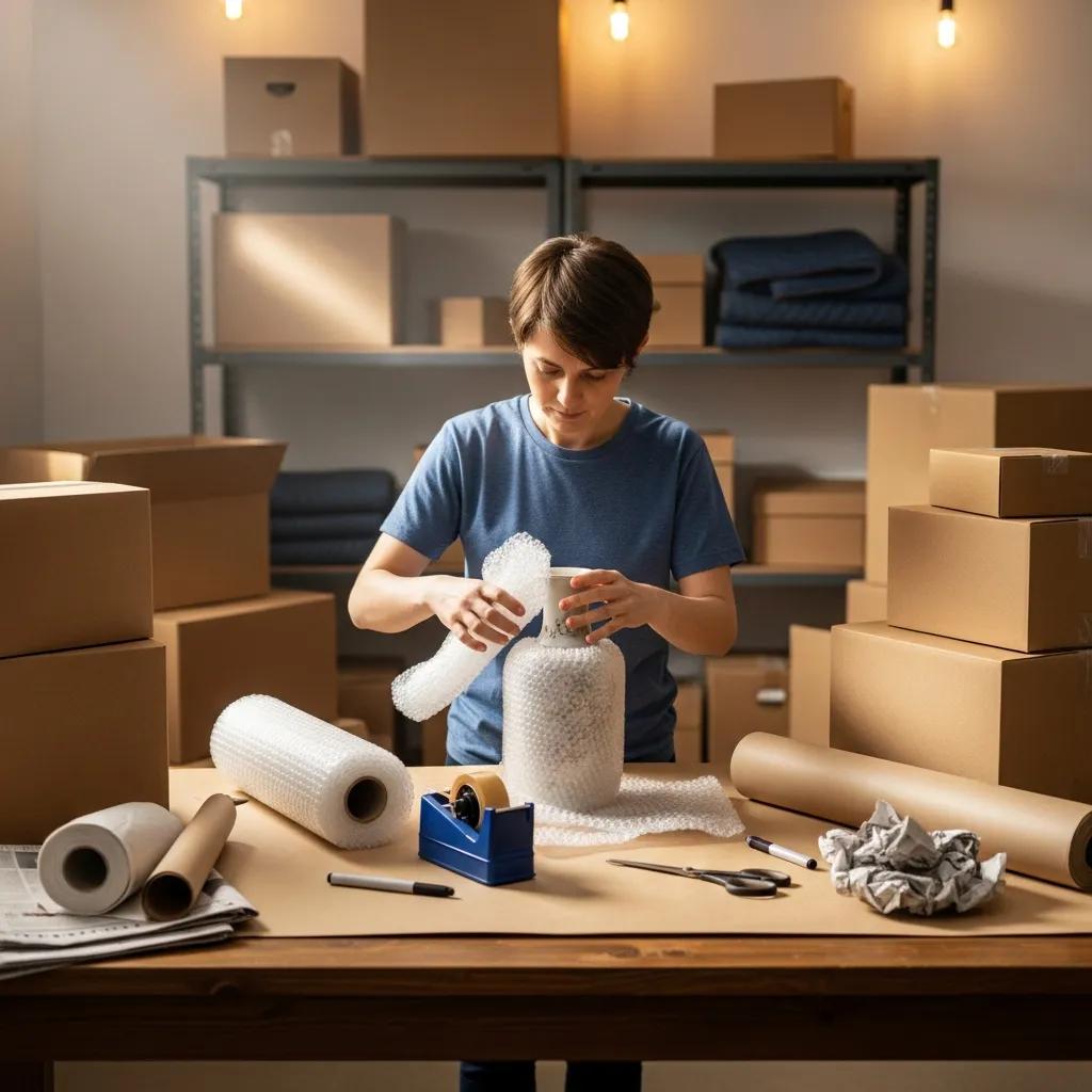Packing supplies and a person wrapping fragile items in a well-organized packing area