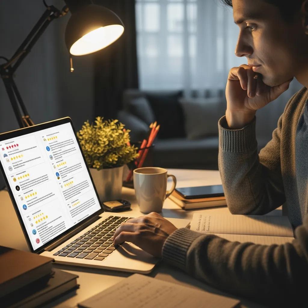 Person analyzing moving company reviews on a laptop, emphasizing the importance of evaluating reputation and customer feedback for informed decision-making.