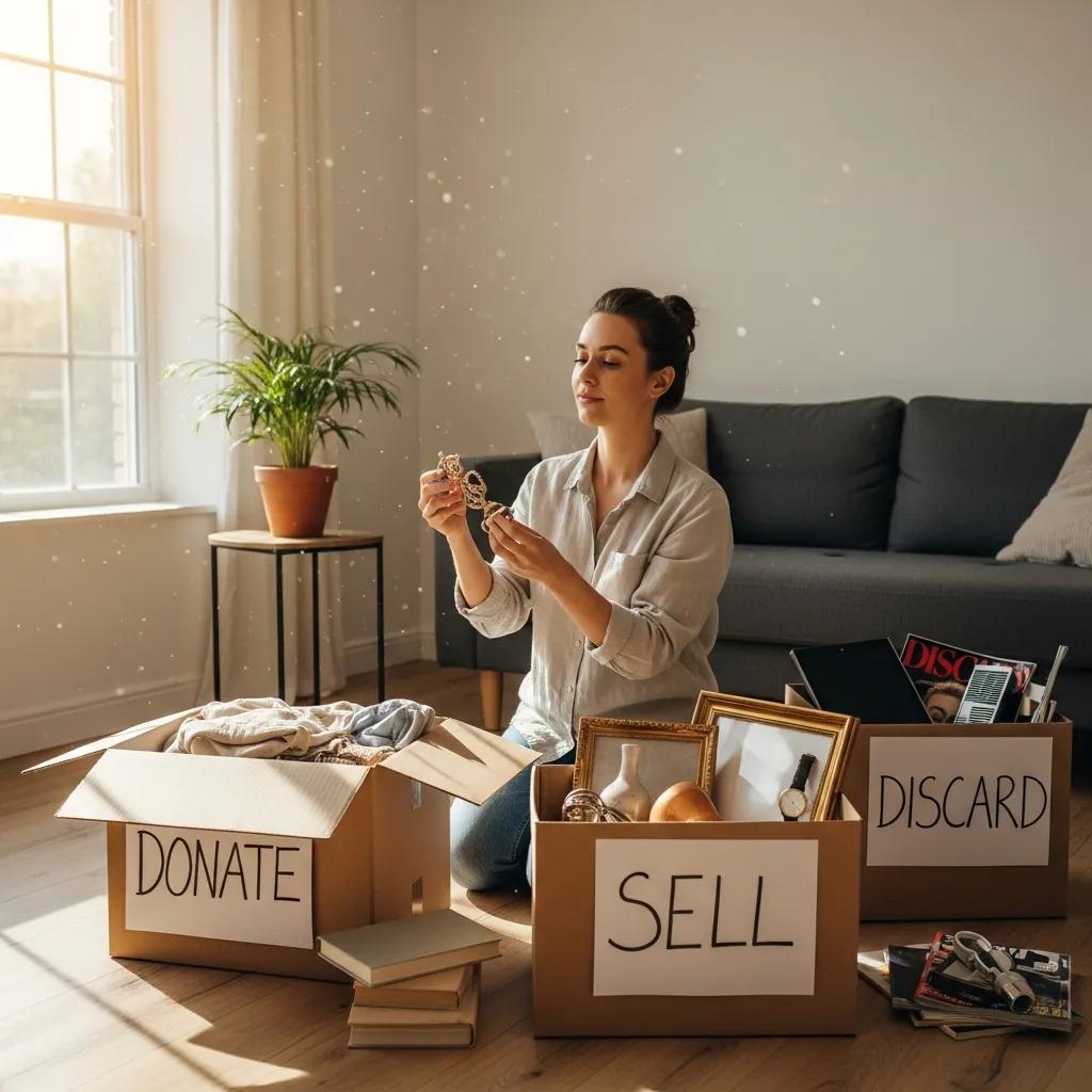 Person decluttering home, sorting items into labeled boxes: "Donate," "Sell," and "Discard," in a bright, organized living space, emphasizing the importance of early decluttering for moving preparation.