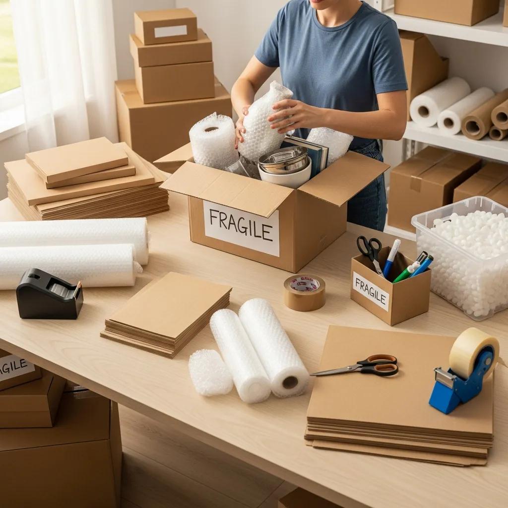 Person packing boxes with packing materials, illustrating effective packing solutions for a move from NY to NC
