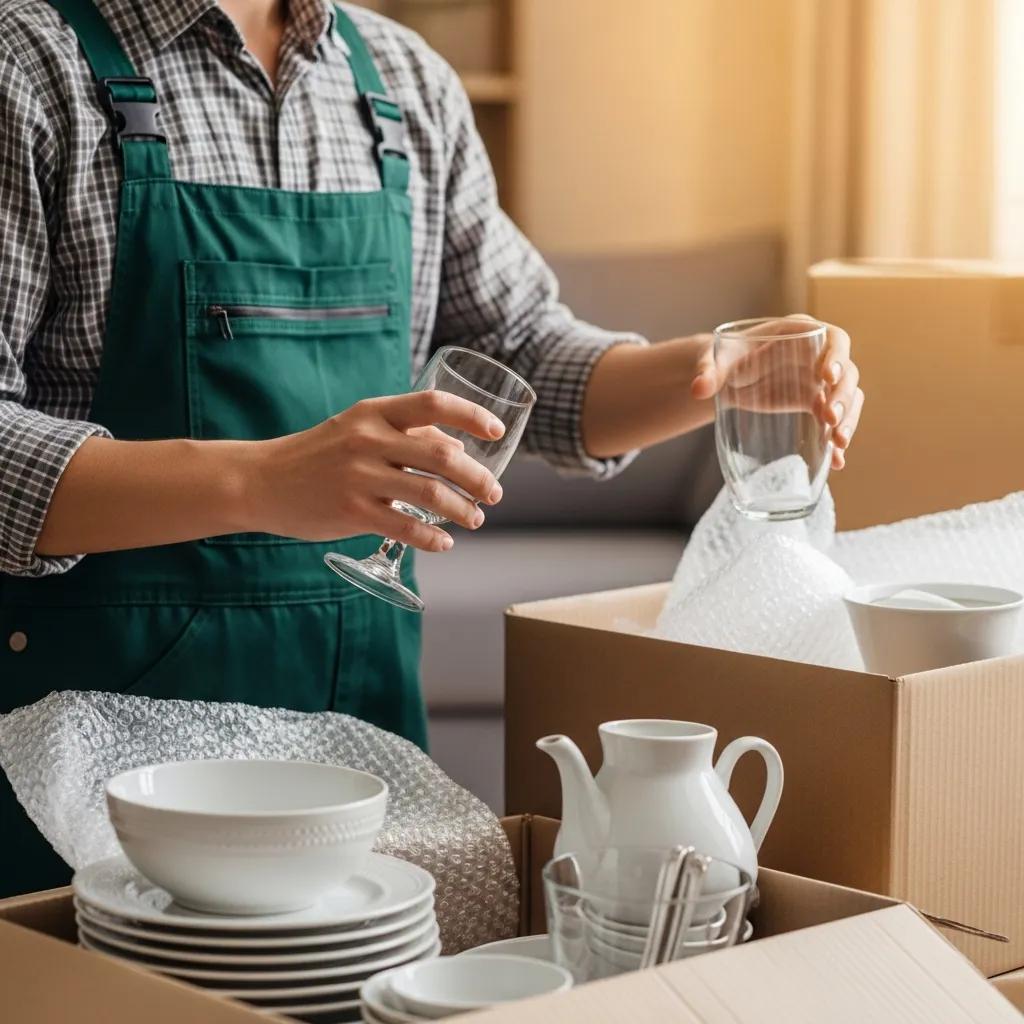 Person packing fragile items like glassware and china into boxes with care