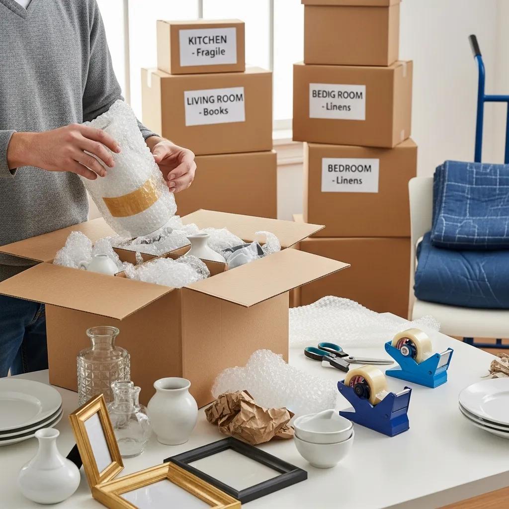 Person packing fragile items securely for a long-distance move, emphasizing expert packing tips