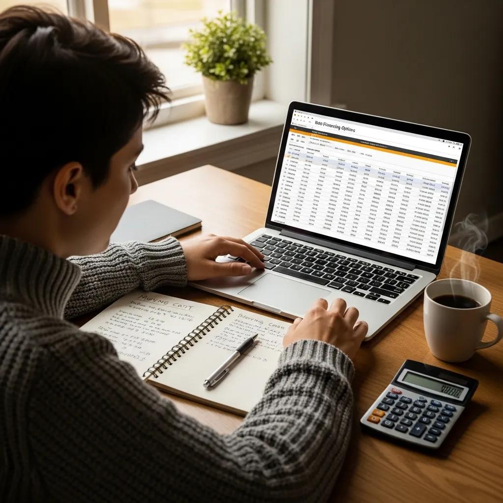 Person reviewing moving financing options on a laptop, with a notepad and calculator on a wooden desk, highlighting financial planning for relocation.