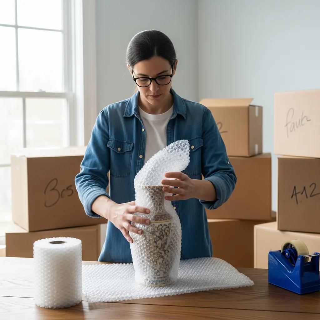 Person wrapping a valuable item in bubble wrap for a move
