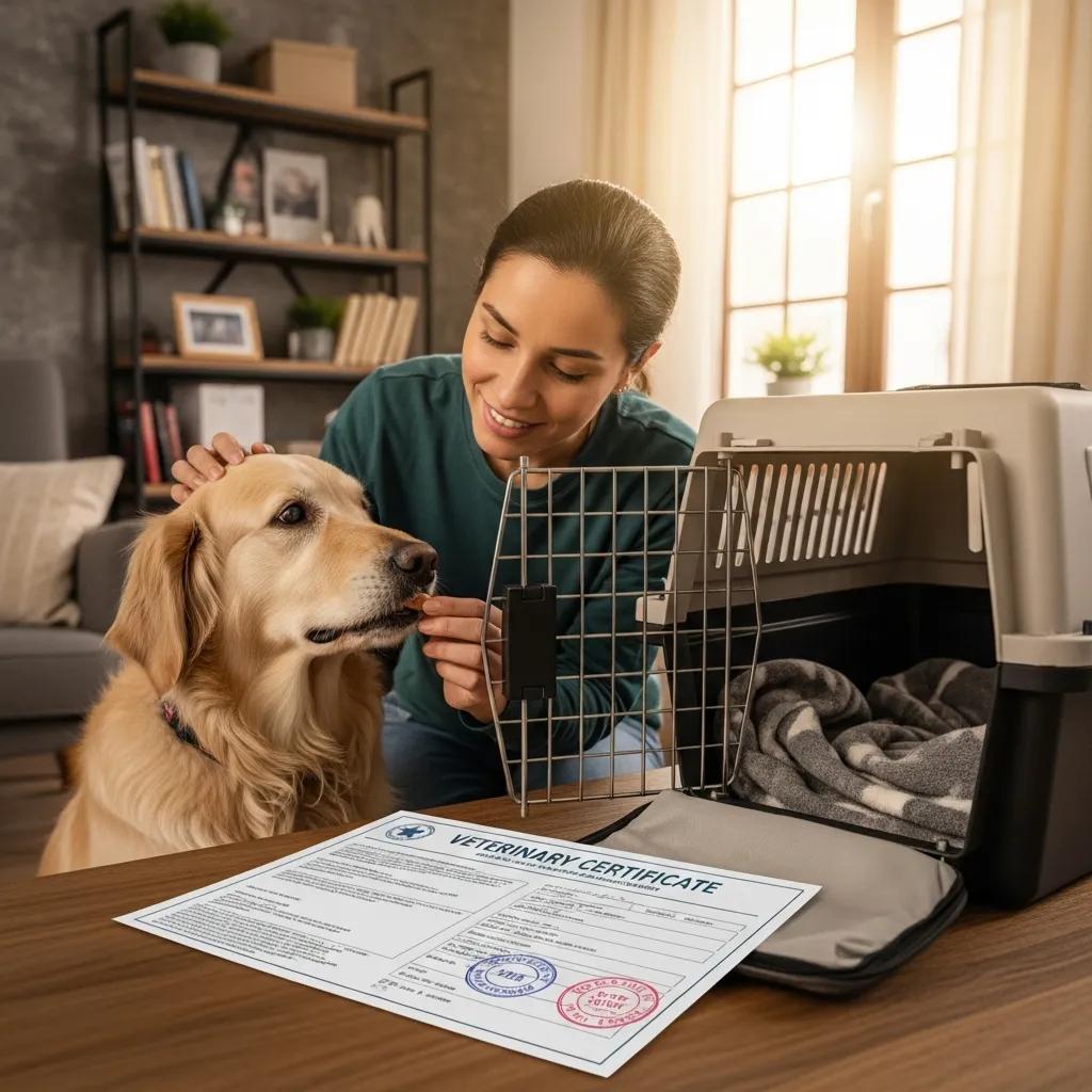 Woman preparing dog for international travel with veterinary certificate and pet carrier.