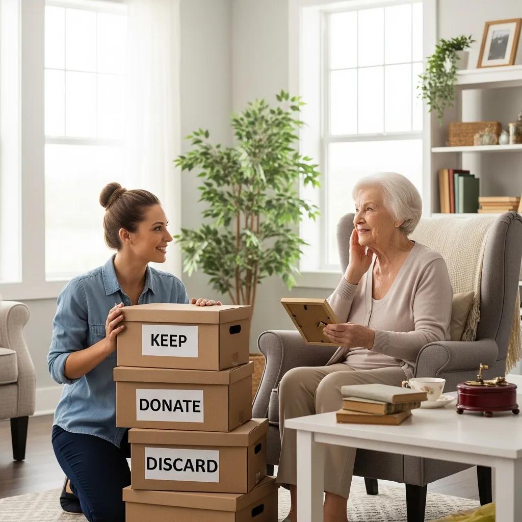 Professional downsizing assistance for seniors sorting belongings in a bright room