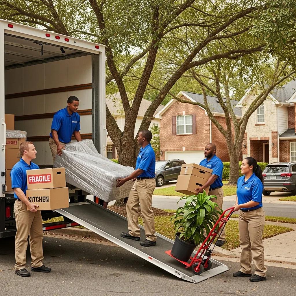 Professional movers loading a truck with furniture and boxes for a California to Arizona relocation, featuring labeled boxes and a plant on a dolly.