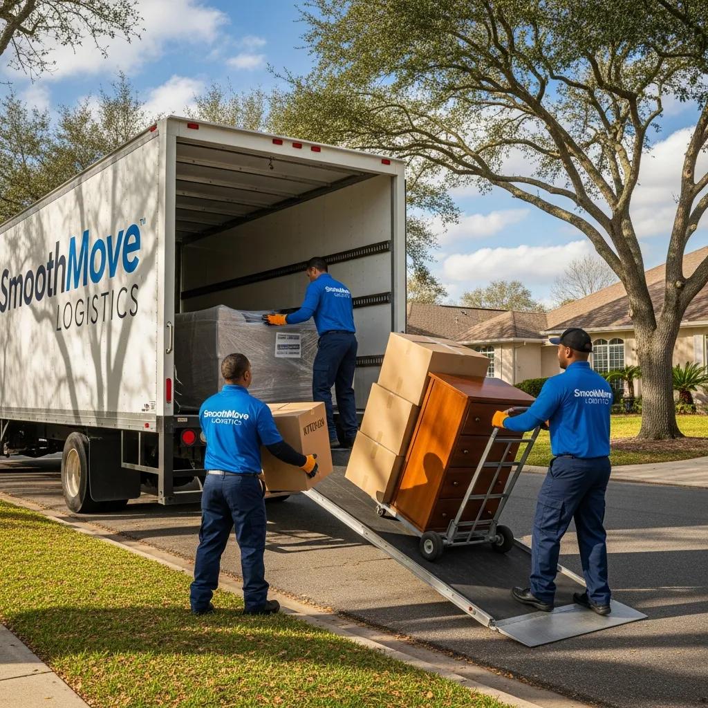 Professional movers loading a truck for a Rhode Island to Florida relocation, highlighting moving company reliability