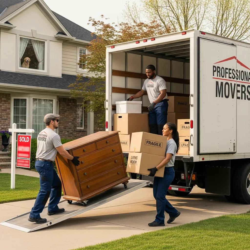 Professional movers loading a wooden dresser and boxes labeled 'fragile' into a moving truck, illustrating moving services for long-distance relocations from Beacon to Charlotte.