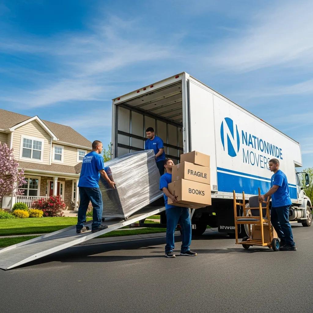 Professional movers loading a truck with furniture and boxes labeled "Fragile" and "Books," representing long-distance moving services.