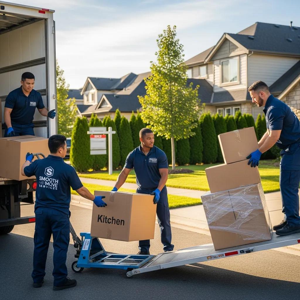 Professional movers loading boxes labeled "Kitchen" into a moving truck in a suburban neighborhood, showcasing teamwork and efficient relocation services.