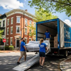 Professional movers loading furniture into a truck in a Philadelphia neighborhood, showcasing local moving expertise