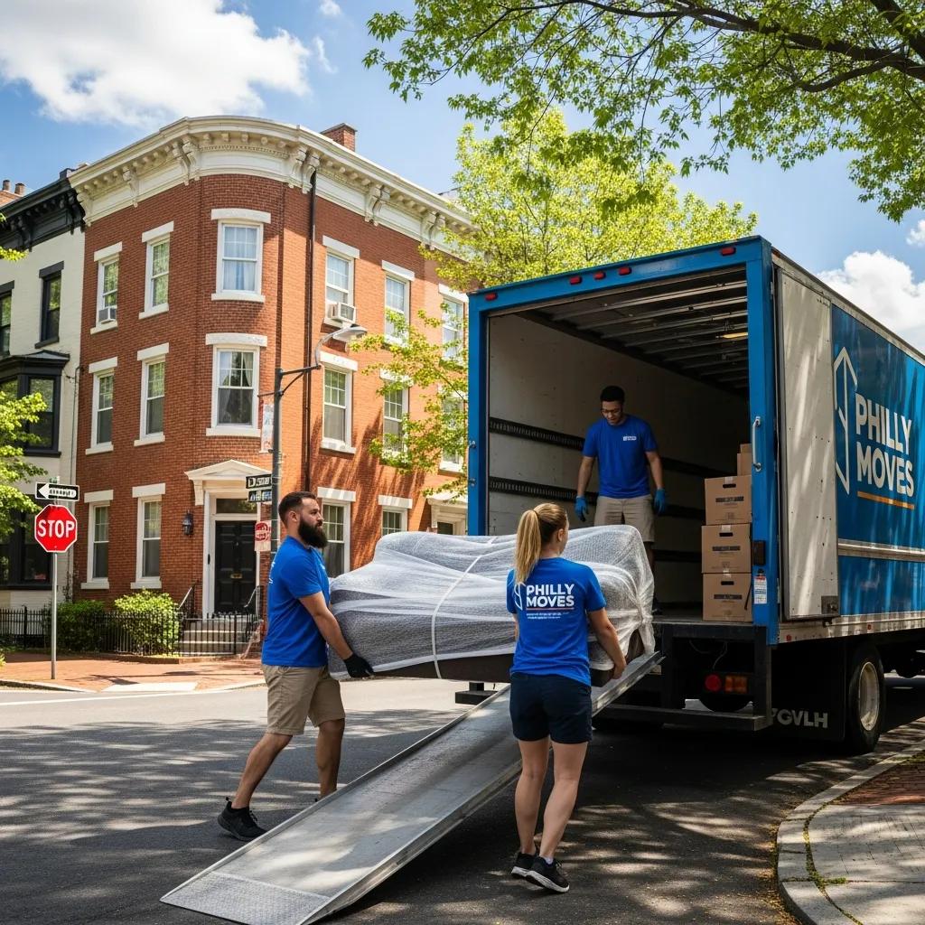 Professional movers loading furniture into a truck in a Philadelphia neighborhood, showcasing local moving expertise and services.