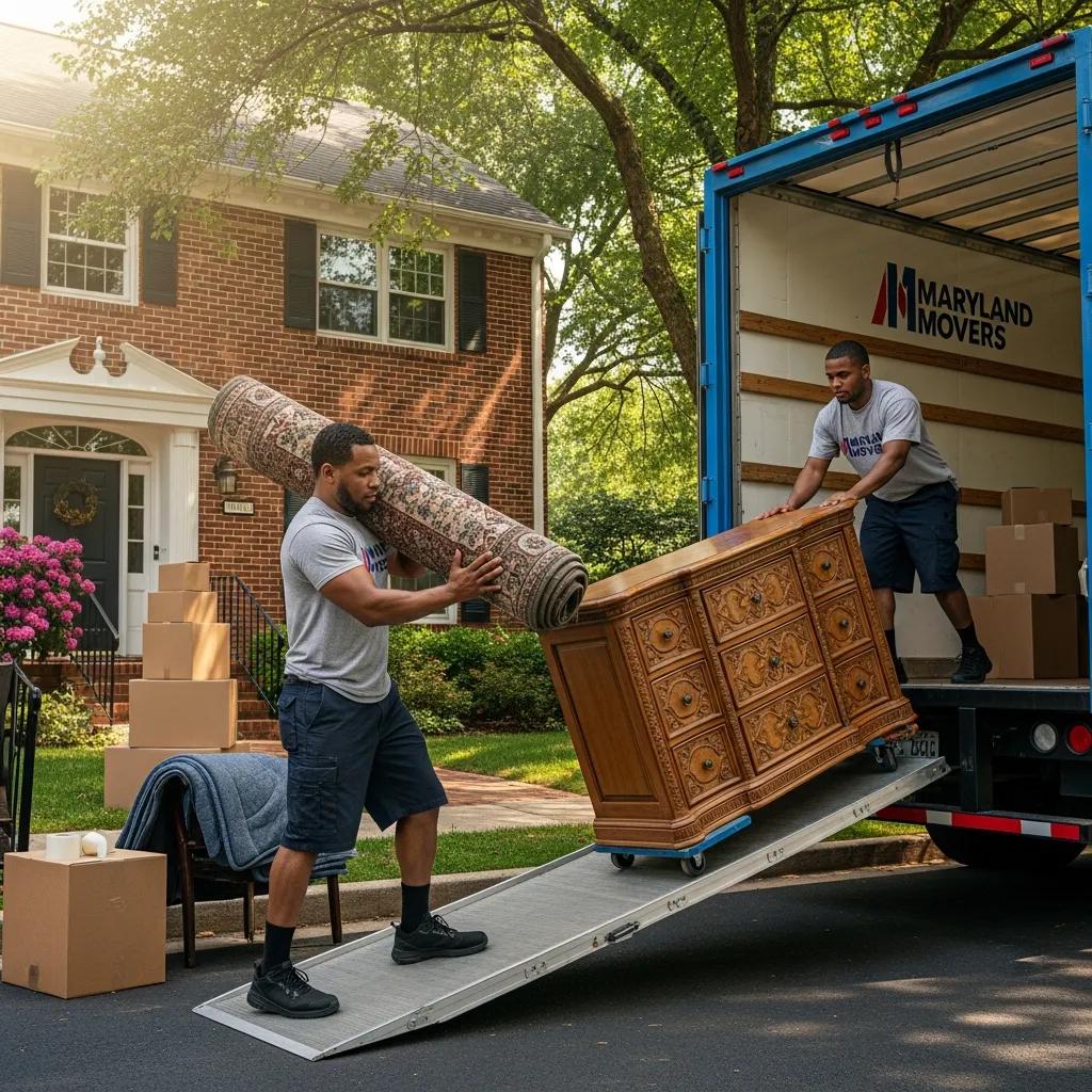 Professional movers loading furniture into a truck, representing the best moving services from Maryland to Florida
