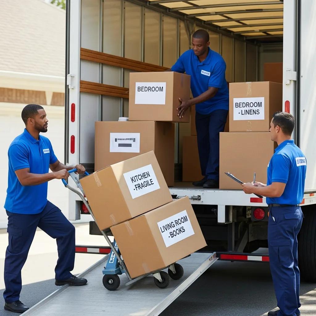 Professional movers loading labeled boxes into a truck for international relocation, highlighting organized packing and coordination for household goods shipping.