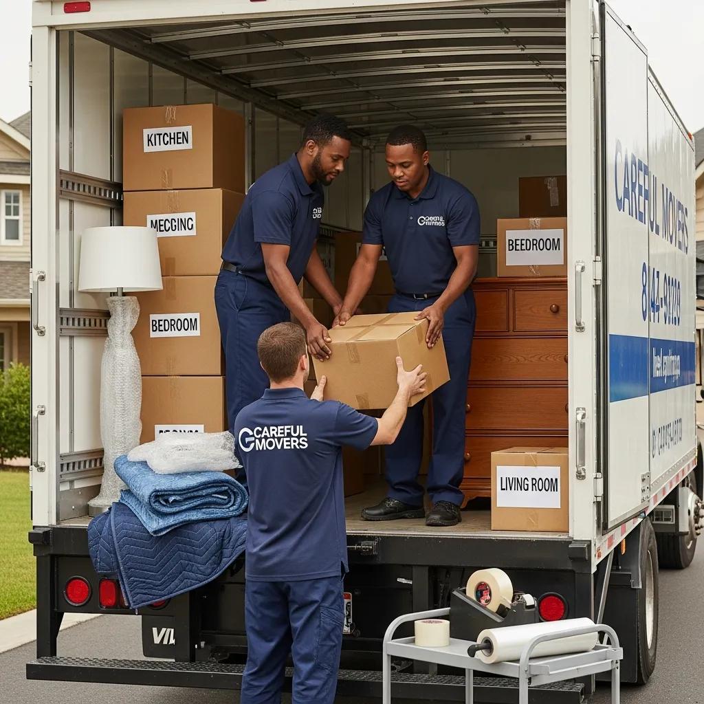 Professional movers packing a truck, illustrating the services provided for long-distance relocation